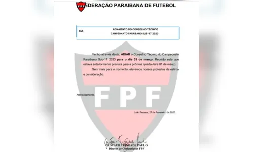 
				
					Paraibano Sub-17: FPF-PB remarca Conselho Técnico para próxima sexta-feira
				
				