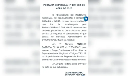 
				
					Antônio Barbosa vai comandar o Incra e Paulo Marcelo a Superintendência do Trabalho na Paraíba
				
				