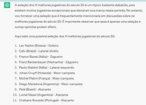 
				
					ChatGPT elege melhor seleção da história e maiores jogadores brasileiros de todos os tempos
				
				