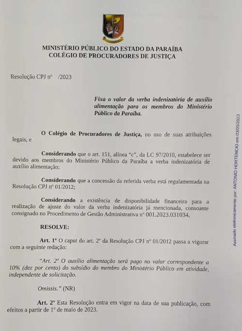 
				
					Auxílio-alimentação de promotores e procuradores do MPPB dobra e será de mais de R$ 3 mil; confira resolução
				
				