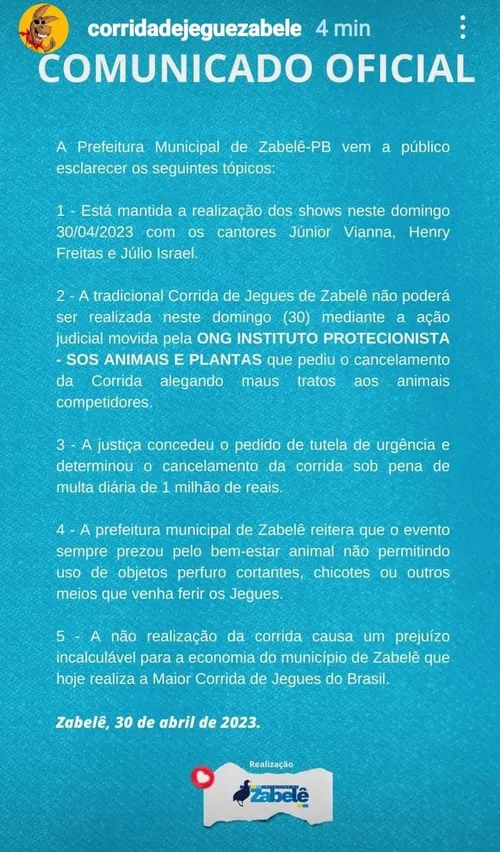 
				
					Justiça determina proibição de corrida de jegues por suspeita de maus tratos e trabalho infantil
				
				