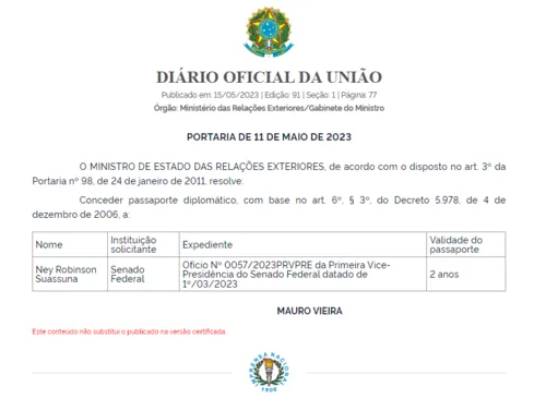 
				
					Ney Suassuna é agraciado com passaporte diplomático
				
				