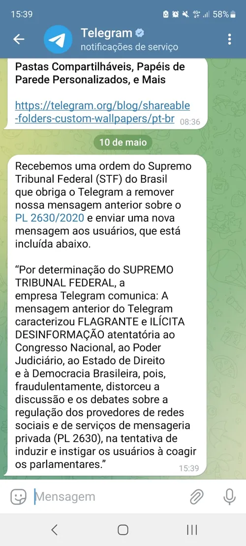 
				
					Telegram recua sobre PL das Fake News após ordem do STF
				
				