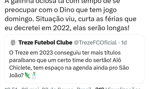 
                                        
                                            Treze e Sousa se provocam nas redes sociais após nova absolvição do Galo
                                        
                                        