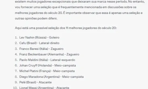 
				
					ChatGPT elege melhor seleção da história e maiores jogadores brasileiros de todos os tempos
				
				