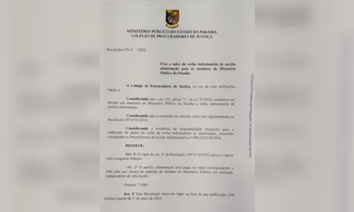 
				
					Auxílio-alimentação de promotores e procuradores do MPPB dobra e será de mais de R$ 3 mil; confira resolução
				
				