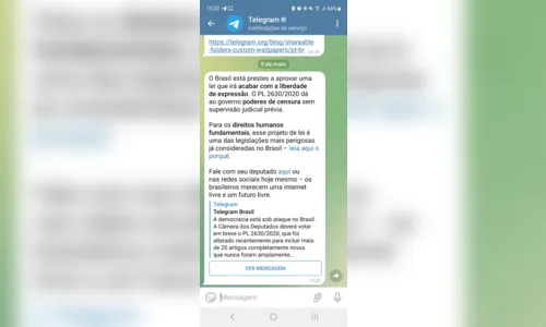 
				
					Telegram envia mensagens aos usuários criticando PL das Fake News
				
				