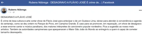 
				
					Flávio José reclama de 'corte' no show e alerta para valorização do artista nordestino no São João
				
				