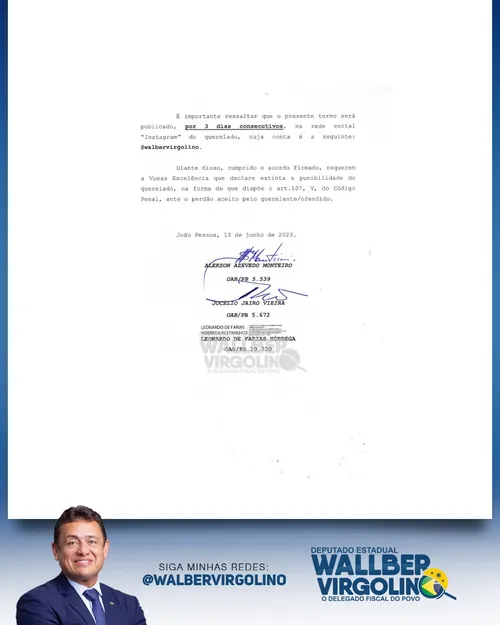 
				
					Wallber publica retratação após fake news contra prefeito Cícero Lucena
				
				