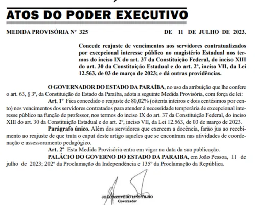 
				
					Governo da Paraíba reajusta em 80% salários de professores prestadores de serviço
				
				