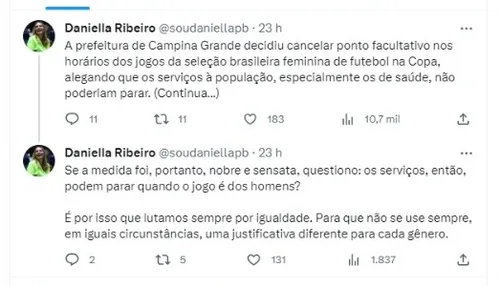 
				
					Daniella critica falta de ponto facultativo em Campina durante jogos da seleção feminina
				
				