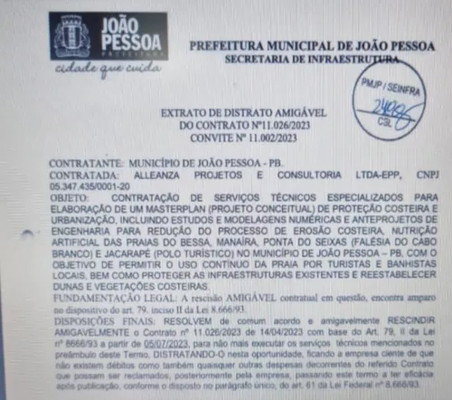 
				
					Prefeitura de João Pessoa cancela contrato com empresa que faria projeto de 'engorda' das praias
				
				