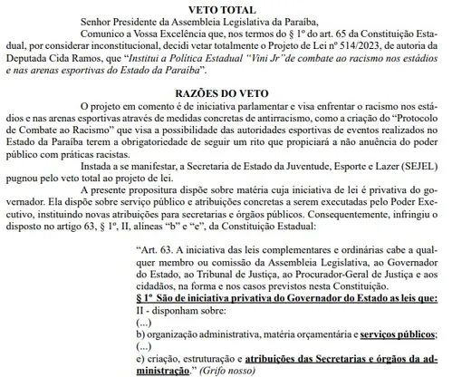 
				
					Governo veta Lei Vini Jr de combate ao racismo nos estádios da Paraíba, alegando inconstitucionalidade
				
				