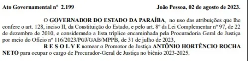 
				
					Nomeação de Antônio Hortêncio como procurador-geral de Justiça é publicada no DOE
				
				