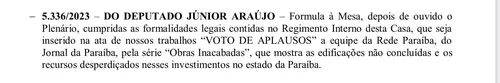 
				
					Deputados aprovam voto de aplausos à Rede Paraíba pelas reportagens da série 'Obras Inacabadas'
				
				