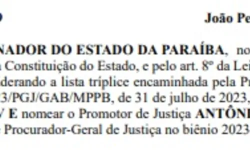 
				
					Nomeação de Antônio Hortêncio como procurador-geral de Justiça é publicada no DOE
				
				