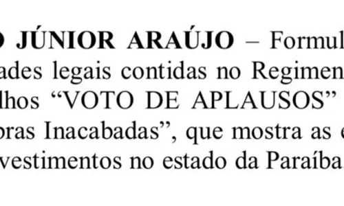 
				
					Deputados aprovam voto de aplausos à Rede Paraíba pelas reportagens da série 'Obras Inacabadas'
				
				