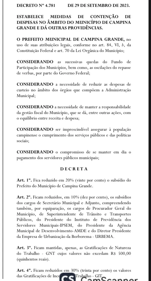 
				
					Com crise do FPM, prefeitura exonera comissionados e dispensa prestadores de serviço em Campina Grande
				
				