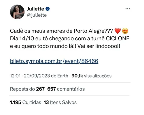 
				
					Juliette divulga turnê 'Ciclone' no Rio Grande do Sul e apaga post após críticas
				
				