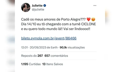 
				
					Juliette divulga turnê 'Ciclone' no Rio Grande do Sul e apaga post após críticas
				
				