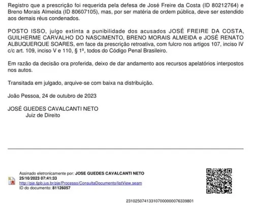 
				
					Justiça decreta prescrição, e ex-dirigentes do Botafogo-PB estão livres de pena na Operação Cartola
				
				