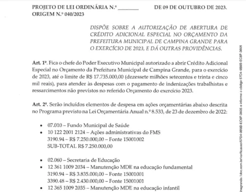 
				
					Em Campina Grande: prefeito pede crédito especial de R$ 17,7 milhões para indenizar servidores exonerados
				
				