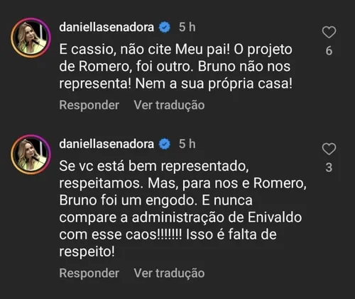 
				
					Daniella responde às declarações de Cássio sobre unidade em Campina Grande
				
				