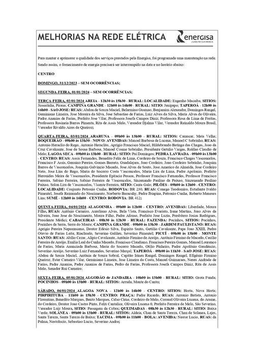 
				
					EDITAL DA ENERGISA - DESLIGAMENTO PROGRAMADO DA ENERGISA - 31.12 A 06.01
				
				