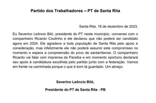 
				
					Ricardo não será candidato a prefeito de Santa Rita em 2024, diz presidente municipal do PT
				
				