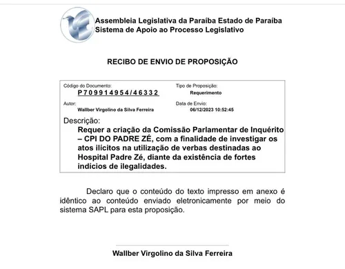 
				
					Oposição protocola pedido de CPI do Padre Zé na Assembleia Legislativa da Paraíba
				
				