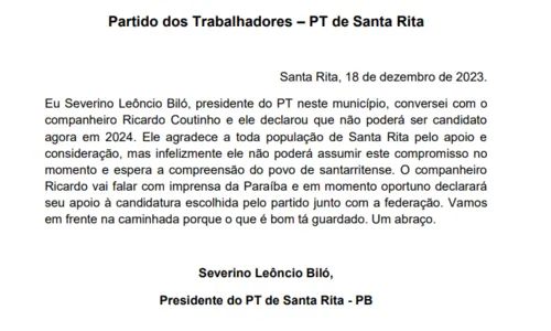 
				
					Ricardo não será candidato a prefeito de Santa Rita em 2024, diz presidente municipal do PT
				
				