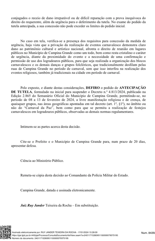 
				
					Mesmo após anúncio de revogação, juiz suspende decreto que restringia carnaval em Campina
				
				