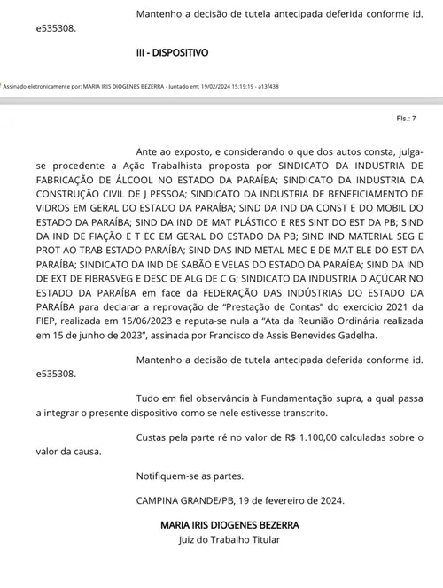 
				
					Justiça anula ata e declara reprovação das contas de 2021 de Buega Gadelha na Fiep
				
				