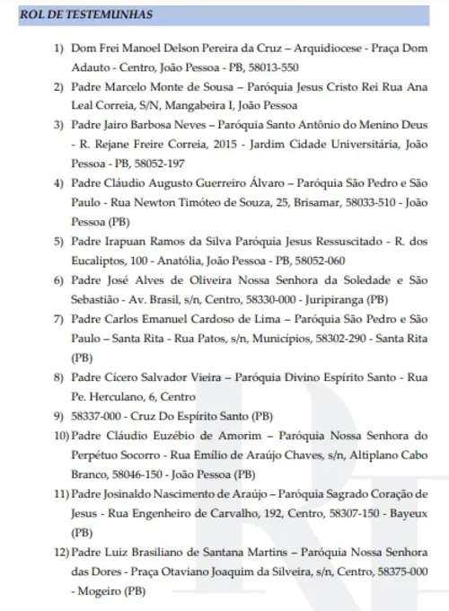 
				
					Caso Padre Zé: defesa de Padre Egídio quer testemunho do governador, presidente da ALPB, arcebispo e secretários
				
				