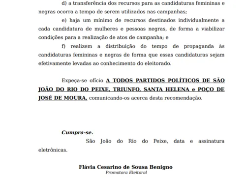 
				
					Ministério Público quer detalhamento no uso do 'fundão eleitoral' em quatro cidades da Paraíba
				
				