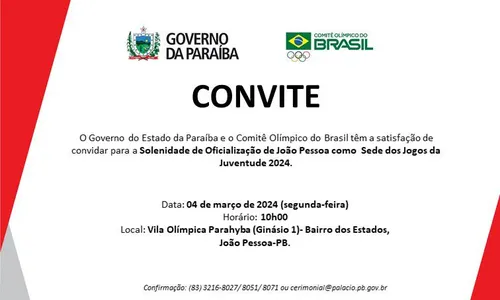 
                                        
                                            Solenidade vai oficializar João Pessoa como sede dos Jogos da Juventude 2024
                                        
                                        