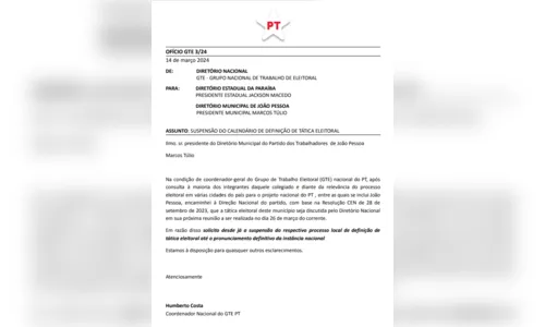 
				
					PT Nacional suspende prévias para escolha do nome que vai disputar a prefeitura de João Pessoa; confira documento
				
				