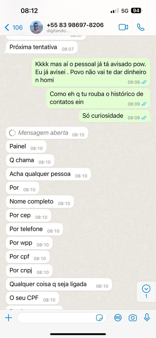 
				
					Paraibano alvo de tentativa de golpe do falso número faz golpista revelar técnica em mensagens
				
				