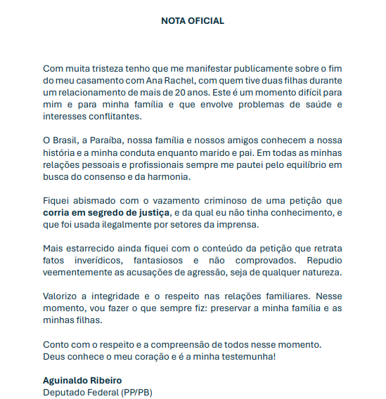 
				
					Aguinaldo Ribeiro nega acusações de violência contra a ex-esposa: "fatos inverídicos, fantasiosos e não comprovados"
				
				