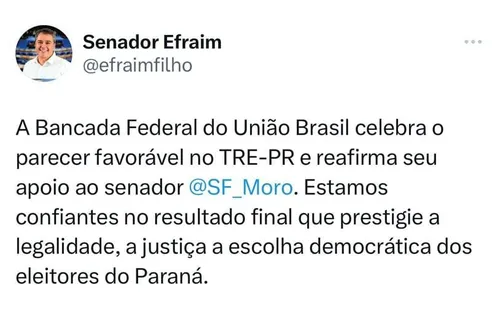 
				
					Líder do União, Efraim comemora voto contra cassação de Moro no TRE-PR
				
				