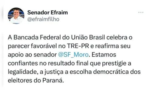 
				
					Líder do União, Efraim comemora voto contra cassação de Moro no TRE-PR
				
				