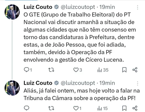 
				
					Couto anuncia definição no PT para amanhã e relaciona demora com buscas da PF na gestão Cícero
				
				